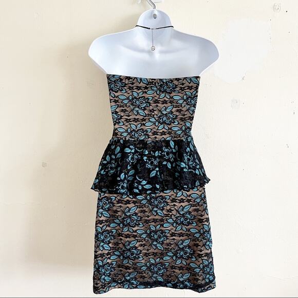 O’-SHER Black & Blue Strapless Lace Peplum Dress, M - Picture 7 of 9